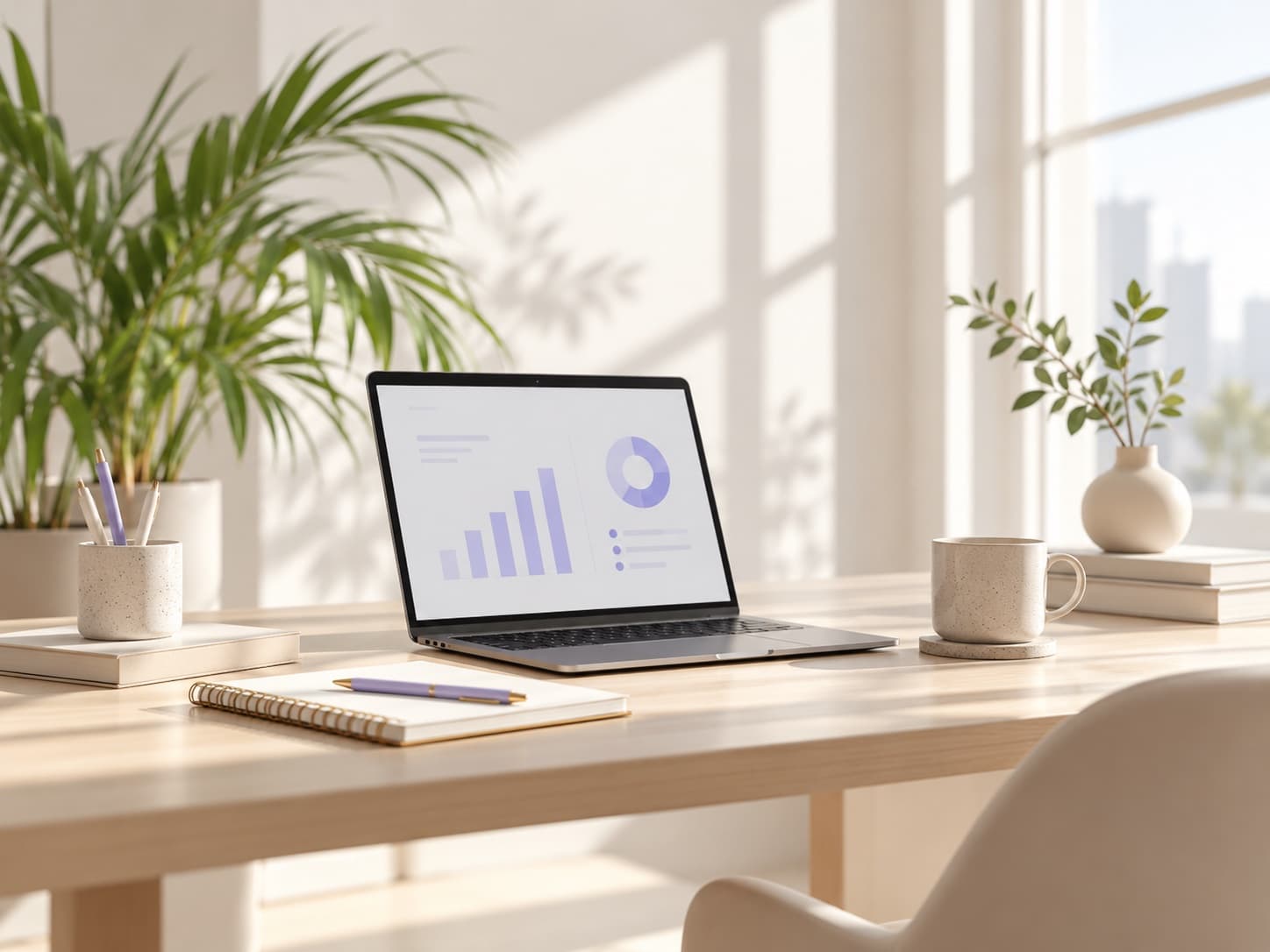 Laptop mit Analyse-Dashboard auf einem hellen Schreibtisch